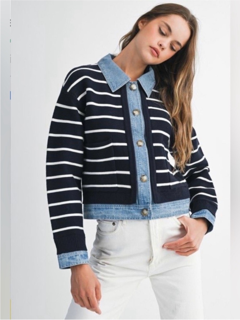 MABLE Navy and White Striped Knit Jean-Trim Jacket - Picture 1 of 8